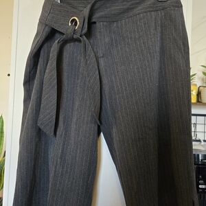 Cache Charcoal Pinstripe High-Waist Tie-Belt Trousers